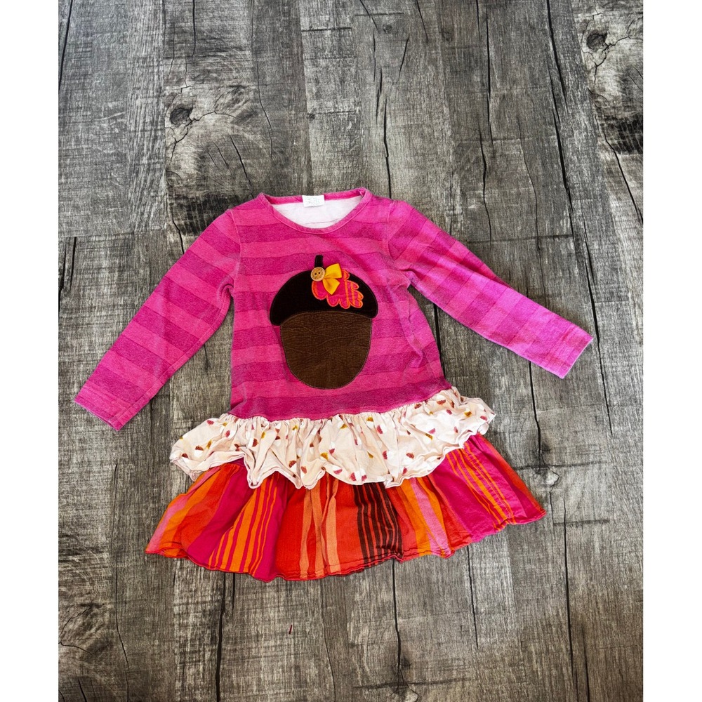 Ricrac & Ruffles Toddler Girls 2T Pink Acorn‎ Striped Ruffle Tiered Dress Fall